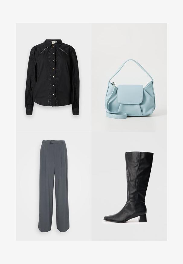 Black button-up shirt featuring long sleeves, embroidered accents along the sides, and contrasting buttons. Crisp fabric with a structured collar.; Gray wide-leg trousers made of textured fabric, featuring a button closure, single pleats, and an elastic waistband for comfort.; Black mid-calf leather boot with pointed toe and block heel on plain light background.; Light blue leather handbag with a top handle, front flap pocket, and detachable wrist strap on a white background.