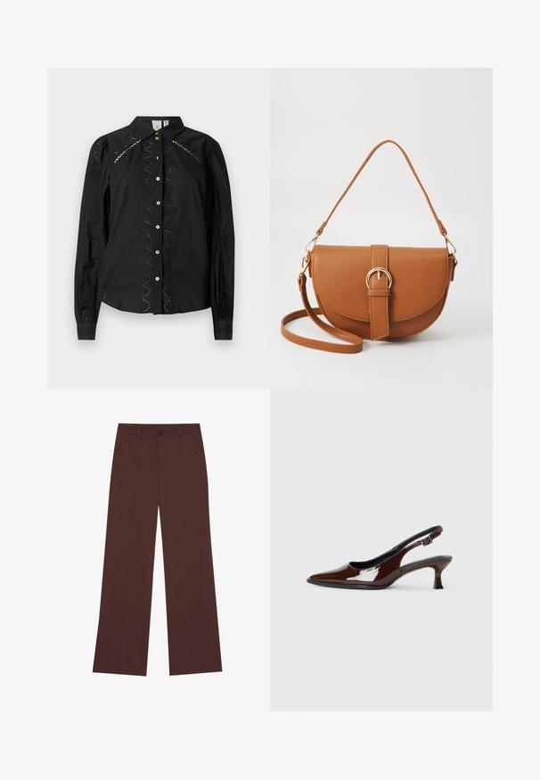 Zwarte button-up blouse met lange mouwen, geborduurde accenten langs de zijkanten en contrasterende knopen. Heldere stof met een gestructureerde kraag.; Wijde broekspijp in een rijke bruine stof. Voorzien van een knoopsluiting, twee voorzakken, een soepele textuur en strakke lijnen.; Bruine gepatineerde leren slingback-schoen met een spitse neus en een gematigd hakje. Voorzien van een gespsluiting voor een veilige pasvorm. Glad van textuur.; Bruine leren schoudertas met een gebogen vorm, gouden hardware en een gespaccent. Bevat een afneembare schouderriem.