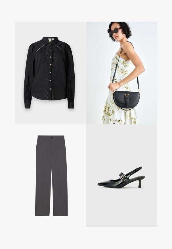 Svart skjorte med knapper, langermet, med broderte detaljer langs sidene og kontrastknapper. Sprøtt stoff med strukturert krage.; Grå bukser med rette ben, med to sidelommer og knappestenging. Glatt stoff uten synlige mønstre eller detaljer.; Svarte patent lær slingback hæler med spiss tå og en liten blokkheel, med en sølvspenne som detalj på stroppen.; Svart lærveske med en buet form, avtagbar stropp og gullbeslag. Vesken har et klaff med spenne-detall.