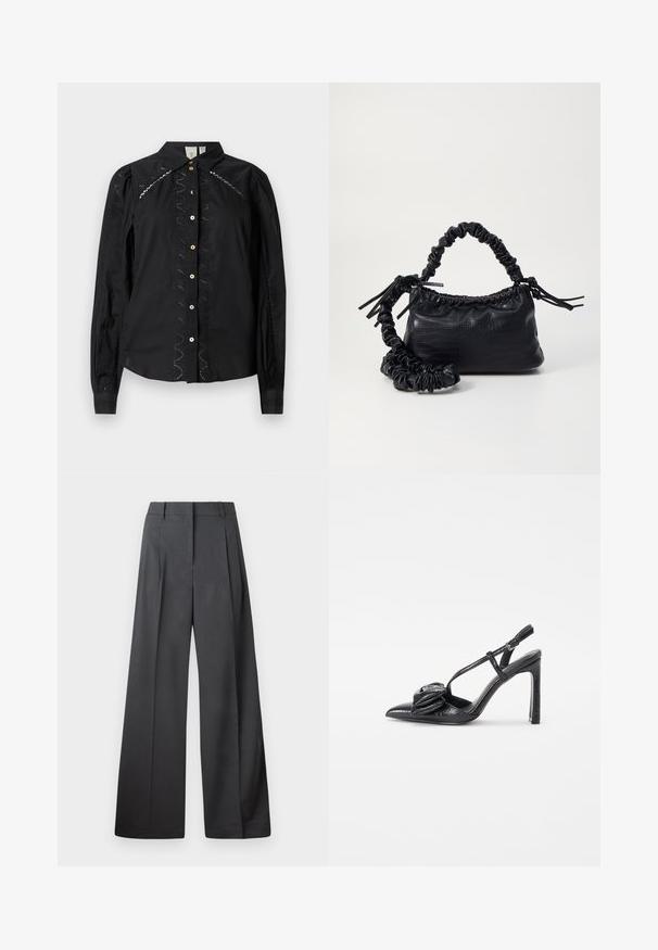 Sort skjorte med knapper og lange ærmer, broderede detaljer langs siderne og kontrastknapper. Sprødstof med en struktureret krave.; Bredde benbukser i mørkegrå stof, med høj talje, enkelte læg og en glat tekstur med en ren finish ved kanten.; Sort højhælet sko med spids tå, blank overflade, tynde remme og en dekorativ plisseret detalje på fronten.; Sort kunstlæder håndtaske med krokodilteksur, indsnøret top og en sammenkrøben rem. Ser blød og kompakt ud i designet.