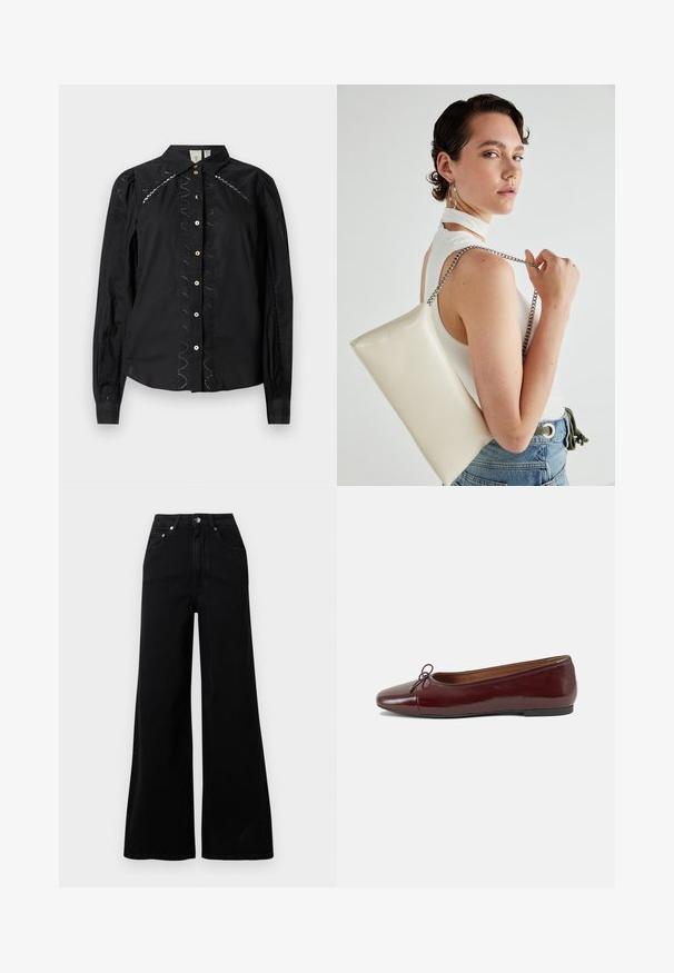Black button-up shirt featuring long sleeves, embroidered accents along the sides, and contrasting buttons. Crisp fabric with a structured collar.; Black wide-leg jeans made from denim, featuring a high waist, five pockets, front button closure, and minimal stitching details.; Burgundy patent leather ballet flat with a rounded toe, small bow accent at the front, and a low, black rubber sole. Smooth texture.; White rectangular clutch bag made of glossy material, featuring a silver chain strap. Model poses, showcasing the bag against a plain background.