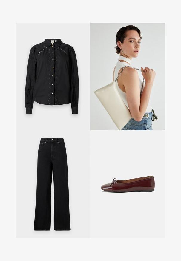 Camisa negra de botones con mangas largas, detalles bordados a lo largo de los lados y botones en contraste. Tejido fresco con un cuello estructurado.; Vaqueros de mezclilla negros de talle alto con un diseño de pernera ancha, que cuentan con cinco bolsillos y detalles en metal plateado. Textura suave en general.; Bailarina de charol burdeos con punta redonda, pequeño lazo en la parte frontal y una suela baja de goma negra. Textura suave.; Bolso de mano rectangular blanco, hecho de un material brillante, con una cadena plateada. La modelo posa, mostrando el bolso frente a un fondo liso.