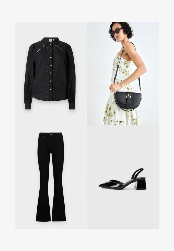 Zwarte button-up blouse met lange mouwen, geborduurde accenten langs de zijkanten en contrasterende knopen. Heldere stof met een gestructureerde kraag.; Zwarte hoge taille jeans met een knoop- en ritssluiting, voorzakken en een flared pijp, plat gelegd op een witte achtergrond.; Zwarte gepatineerde leren slingback hakken met een spitse neus en een geometrische blokhak. Kenmerkt zich door een slank, minimalistisch ontwerp en een gladde textuur.; Zwarte leren handtas met een gebogen vorm, afneembare schouderband en gouden hardware. De tas heeft een klep met een gespsluiting.