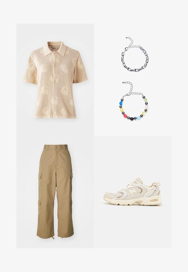 Strikket polo skjorte i beige med korte ermer, med et mønstrete tekstur og fem knapper. Lettvekts med en pustende design.; Beige cargo bukser med høj talje, brede ben og fire store sidelommer. Fremstillet af slidstærkt stof med en glat tekstur og minimal detalje.; Beige idrettssko med mesh og syntetiske dekninger, med en teksturert overflate, polstret krage og "ABZORB" demping i hælen.; Sølv kjede armbånd med avlange lenker over. Under er et fargerikt perlearmbånd med svarte, blå, grønne, gule, røde og klare perler.