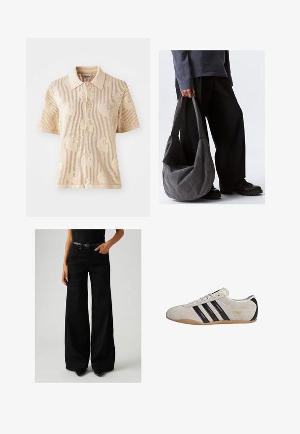 Polo shirt in maglia beige con maniche corte, caratterizzato da una texture a fantasia e chiusura a cinque bottoni. Leggero e con un design traspirante.; Jeans neri a gamba larga con vita alta, realizzati in denim. Presentano una cintura nera con fibbia regolabile e tasche laterali. Cuciture dettagliate visibili.; Sneaker in suede con tomaia grigia, strisce nere e suola in gomma color cuoio. Presenta una chiusura con lacci e un dettaglio del logo dorato sul lato.; Borsa a spalla in tessuto grigio con una forma morbida, caratterizzata da una texture liscia e spallacci larghi. La borsa è tenuta da una persona in pantaloni scuri.