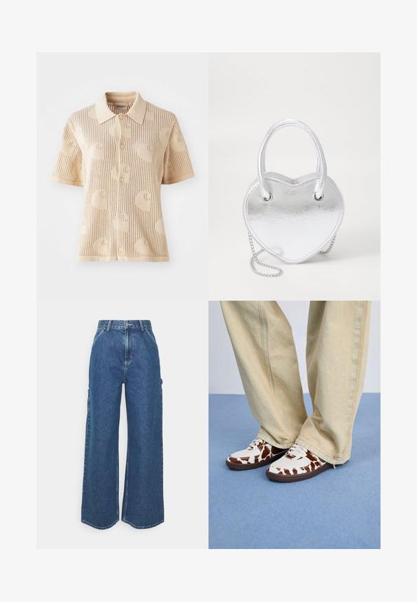Pletená polo košile v béžové barvě s krátkým rukávem, která má vzorovanou texturu a uzávěr na pět knoflíků. Lehká s prodyšným designem.; Široké modré džíny s vysokým pasem, kontrastním šitím a postranními kapsami, které mají klasický design s pěti kapsami a rozstřižené lemy.; Bílé a hnědé tenisky s vzorem, vyrobené z mesh a kůže, s hnědými gumovými podrážkami. V kombinaci s světle béžovými kalhotami s širokými nohavicemi.; Stříbrná metalická kabelka ve tvaru srdce s dvojitými uchy, řetízkem a hladkým povrchem. Obsahuje kovové prvky a prošívané okraje.