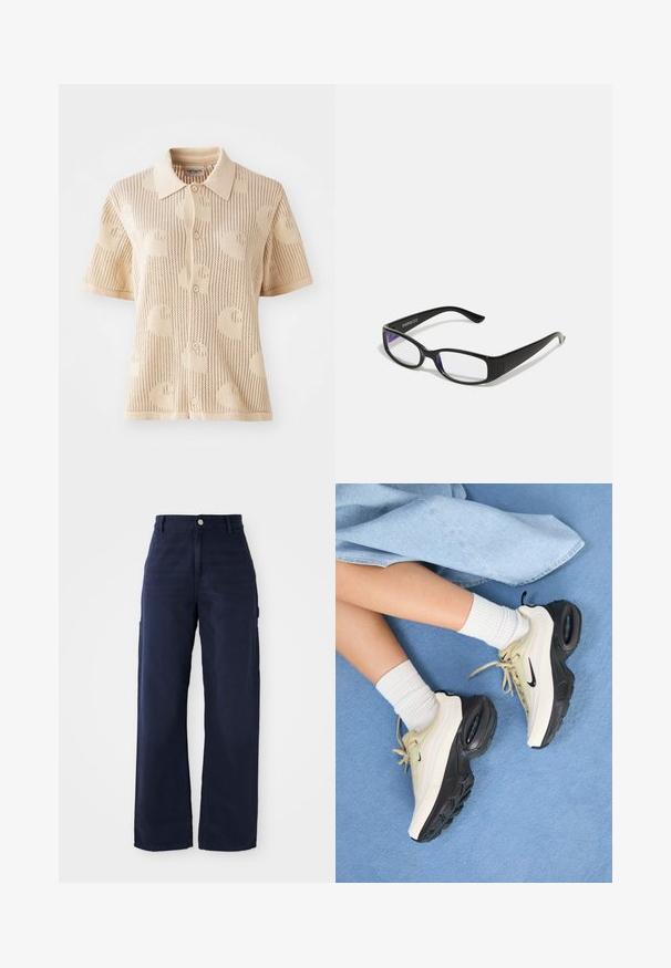 Gebreide polo in beige met korte mouwen, voorzien van een geprinte textuur en een sluiting met vijf knopen. Lichtgewicht met een ademend ontwerp.; Navy blauwe wijde cargobroek van stevige katoen, met zijzakken en een knoopsluiting in de taille.; Nike Air Max sneakers hebben een beige en zwart ontwerp, met een gladde bovenkant, zichtbare luchtkussens en platte rubberen zolen.; Zwarte rechthoekige bril met heldere glazen. Glanzende afwerking, smalle veren en paarse tint zichtbaar aan de randen van de glazen.
