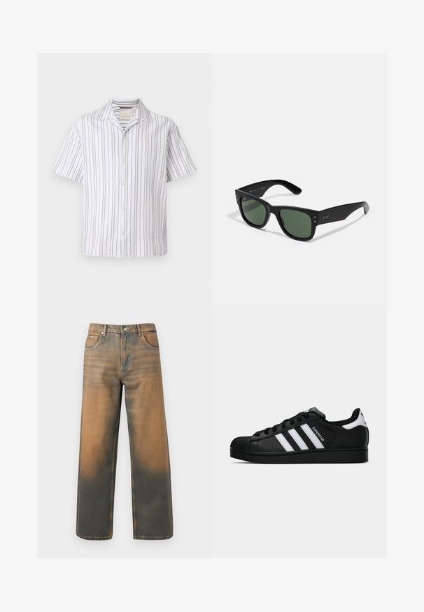 Krátky rukáv košele vyrobenej z ľahkej tkaniny, s vertikálnymi bielymi a béžovými pruhmi, golierom a zapínaním na gombíky.; Biely bavlnený tielko s okrúhlym výstrihom, širokými ramennými popruhmi a rovnom spodným lemom, ktoré má hladkú textúru a žiadne viditeľné vzory.; Džínsy s širokými nohavicami v poškodenom modrom a hnedom denime. Majú vysoký pás, predné vrecká a klasické zapínanie na gombík s kovovými akcentmi.; Čierne tenisky Adidas Superstar s bielymi pruhmi, špičkou v tvare mušle a textom "Superstar" na boku, zobrazené v bočnom profilu na bielom pozadí.; Čierne obdĺžnikové slnečné okuliare so zelenými šošovkami, matný povrch, subtilné detaily a embosovaný logo na stranici.; Tri zástery: jedna žltá s čiernymi vzormi, jedna biela s čiernymi dizajnmi a jedna čierna s bielou grafikou. Všetky sú štvorcové, z ľahkej látky.; Čierna kožená crossbody taška s preklopom, dvoma striebornými prackami, žltým prešívaním a nastaviteľným popruhom. Vyznačuje sa hladkou textúrou a kompaktným dizajnom.