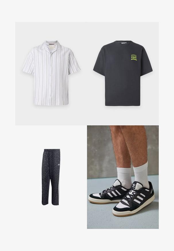 Kratek rokav srajca iz lahkega blaga, z navpičnimi belimi in bež črtami, ovratnikom in gumbnim zapiranjem spredaj.; Črno-siva Adidas majica s kratkimi rokavi in majhnim neon zelenim grafičnim motivom z zvočniki, soncem in Adidasovim logotipom na levi strani prsnega koša.; Črne športne hlače z vzorcem leoparda, ki imajo bele tri črte in logo športne blagovne znamke na strani.; Črno-bele superge z zgornjim delom iz usnja in nubuka, ki imajo tri bele črte, perforiran vrh prstov in podplat iz gume.