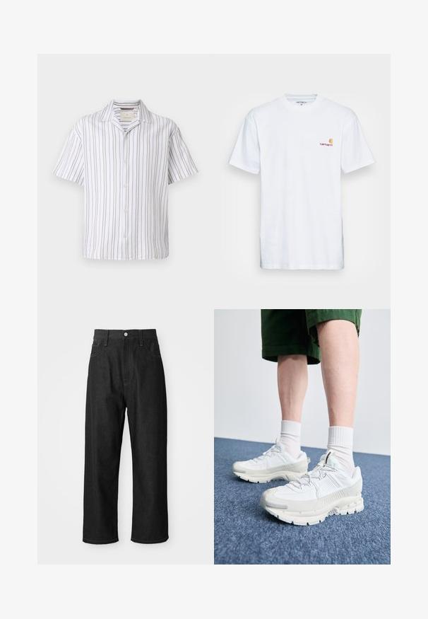 Trumpas rankovės marškinėliai pagaminti iš lengvos medžiagos, turintys vertikalias baltas ir smėlines juosteles, apykaklę ir sagčių užsegimą.; Balta medvilnė marškinėliai trumpomis rankovėmis. Sukurti su mažu oranžiniu ir tamsiai raudonu logotipu kairėje krūtinės pusėje. Turi klasikį apvalų kaklą.; Juodi džinsai su laisvu siluetu, aukštu liemeniu, užtrauktuko uždarymu ir penkių kišenių dizainu. Matoma siuvinėjimo akcentai visur.; Baltos sportinės bateliai su tekstūruotais uždengimais, masyviu padu ir pilkais akcentais. Dėvimi su baltais trumpais kojiniais ir žaliais šortais mėlyname paviršiuje.