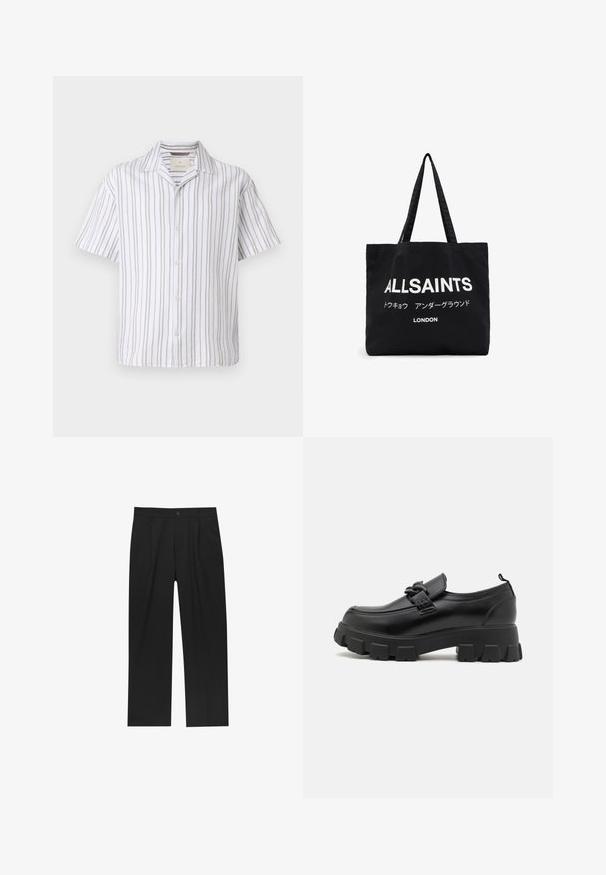 Koszula z krótkim rękawem, wykonana z lekkiego materiału, z pionowymi białymi i beżowymi paskami, kołnierzykiem i zapinana na guziki.; Czarne spodnie o prostym kroju, wykonane z gładkiego materiału. Posiadają zakładki z przodu i pojedyncze zapięcie na guziki w pasie.; Czarna skórzana półbut zaopatrzona w masywną, teksturowaną podeszwę oraz dekoracyjny pasek na górze. Posiada niewielki obcas i pętelkę z tyłu.; Czarna torba na ramię z płótna z wyraźnym białym napisem "ALLSAINTS" oraz mniejszym tekstem w języku japońskim i napisem "LONDYN" na dole. Dwie długie uchwyty.; Złototona metalowa zegarek z czarną tarczą, luminescencyjnymi znacznikami i trzema sub-tarczami. Posiada teksturowany pasek oraz logo "HILFIGER" na środku.; Złote kolczyki w kształcie krzyża z gładkim wykończeniem i zawieszką, charakteryzujące się prostym, wydłużonym wzorem. Każdy krzyż jest jednorodny pod względem rozmiaru.