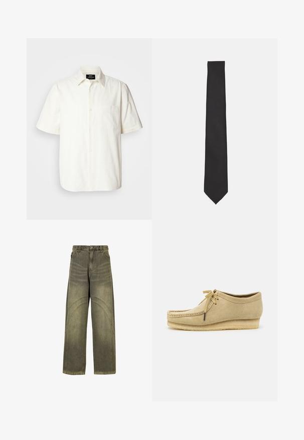 Šviesios spalvos trumpomis rankovėmis atsiseganti marškinėliai iš off-white audinio su kišeniu kairėje krūtinės pusėje ir klasikinio dizaino apykakle. Lygus paviršius.; Plačios kojų džinsai alyvuogių žalios džinsinės medžiagos, su išlenkta siūlės akcentais, klasikiniais mygtukais ir išblukusiu finišu.; Bežiniai zomšiniai batai su raištelių užsegimu, siuvinėjimo detalėmis ir guminiais padais. Forma yra kasdieniška su nedideliu pakulniu.; Juodas kaklaraištis, pagamintas iš sklandžios medžiagos, turintis ploną, pailgą formą su išsikišusia viršūne ir be matomų raštų ar akcentų.