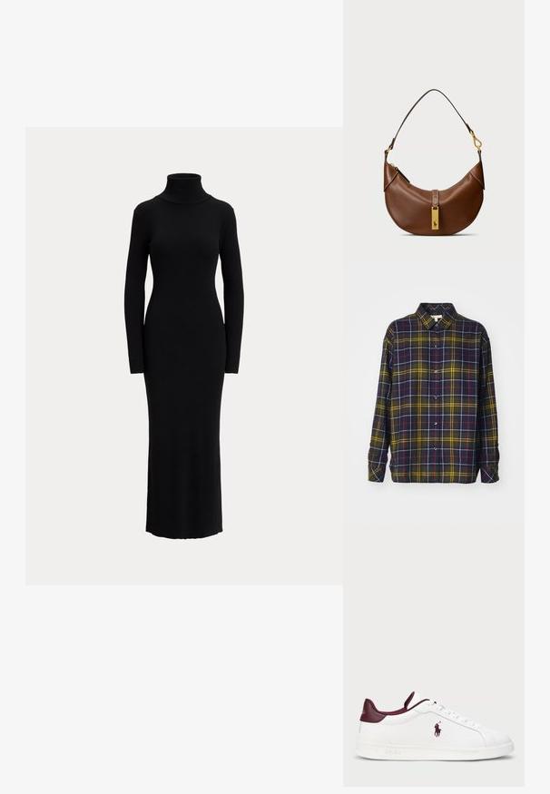 Barbour ELISHAW - Button-down blouse - classic tartan; Black, long-sleeve, turtleneck dress made from a smooth knit fabric. Features a fitted silhouette and extends to mid-calf length.; White leather sneaker with burgundy accents, round toe, embossed logo, and flat laces. Textured sole and smooth surface detailing.; Brown leather shoulder bag with curved shape, gold hardware, top clasp detail, and a logo accent. Smooth texture with stitched edges.