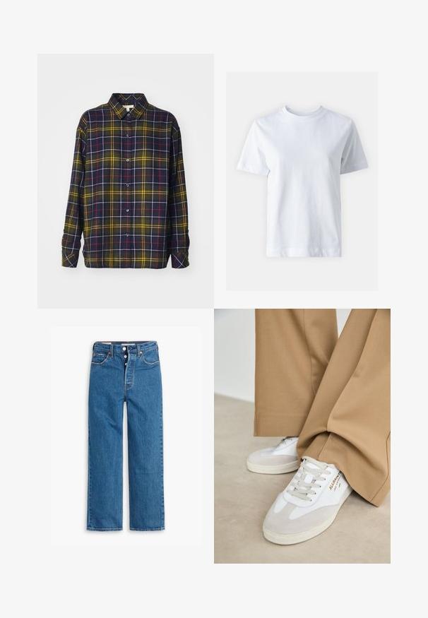 Barbour ELISHAW - Overhemdblouse - classic tartan; Witte katoen t-shirt met een ronde hals, korte mouwen, een rechte snit en een gladde textuur. Geen patronen of versieringen.; Blauwe denim jeans met rechte pijpen en hoge taille, vijf zakken en een knoopsluiting. Merkbare stiksels en koperen klinknagels.; Witte sneakers met suède accenten, gestructureerde veters en een rubberen zool. Gecombineerd met losse beige broek. Logo zichtbaar aan de zijkant.