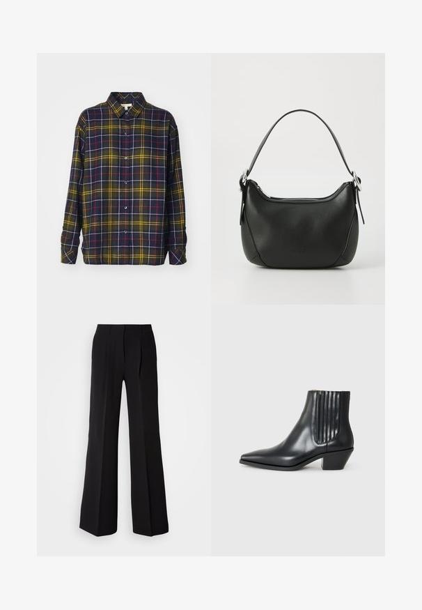 Barbour ELISHAW - Hemdbluse - classic tartan; Schwarze Hose aus glattem Stoff, mit hohem Bund, weitem Schnitt und zwei vorderen Falten für zusätzlichen Designakzent.; Schwarze Leder-Ankle-Boots mit spitzem Zehenbereich, seitlichen elastischen Einsätzen mit vertikalen Rillen und einem niedrigen Blockabsatz. Glatte Textur und elegantes Design.; Schwarze Ledertasche mit geschwungener Form, silbernem Reißverschluss und kurzem Griff. Verfügt über ein dezentes Logo auf der Vorderseite und eine glatte Textur.