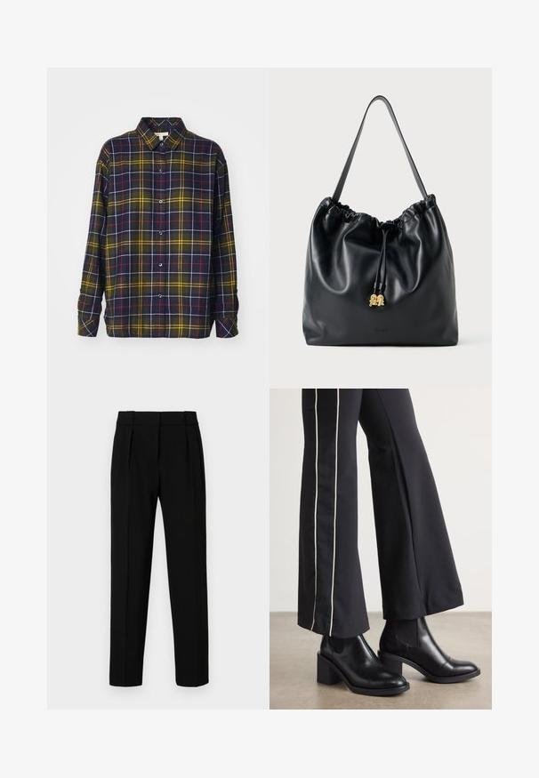 Barbour ELISHAW - Gombos blúz - classic tartan; Fekete, egyenes szabású, plisszírozott elejű, fényes anyagból készült nadrág közepes derékkal. Nincsenek látható zsebek vagy fémrészletek.; Fekete bőr bokacsizma, tömbsarkúval, oldalán rugalmasszal ellátott panelek találhatók. Fekete nadrággal párosítva, amelynek fehér oldalsávja van.; Fekete bőr húzózsinóros táska sima felülettel, összegyűjtött tetejével és diszkrét arany kiegészítőkkel. Egyetlen strapabíró pánttal és dombornyomott logóval rendelkezik.