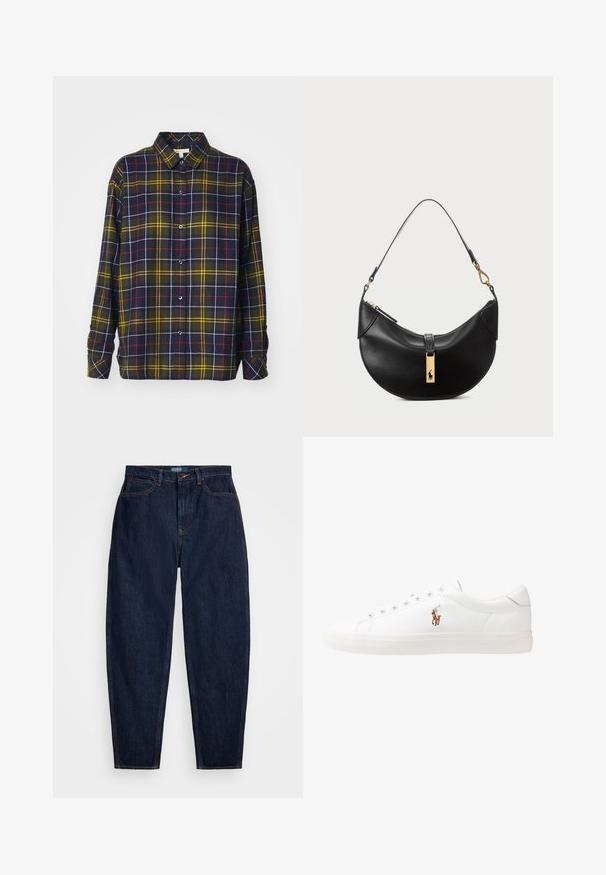 Barbour ELISHAW jasnoczerwony; Granatowe dżinsy o prostym kroju, z pomarańczowym przeszyciem, z zapinaniem na guzik z przodu oraz pięcioma kieszeniami.; Białe skórzane sneakersy, niskoprofilowy design, charakteryzujące się gładką fakturą, okrągłym noskiem, sznurowanym przodem i małym haftowanym logo z boku.; Czarna skórzana torebka w kształcie półksiężyca. Ma złote akcenty i wąski pasek. Gładka tekstura, zamek błyskawiczny na górze.