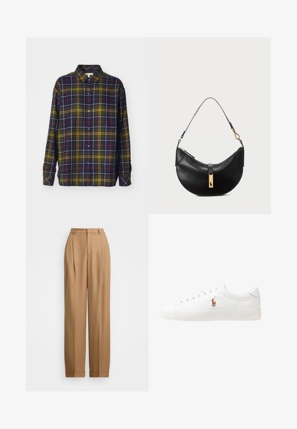 Barbour ELISHAW - Button-down blouse - classic tartan; Beige tailored trousers with a high waist, pleated front, tapered legs, and rolled cuffs. Smooth fabric with a refined texture.; White leather sneakers, low-top design, featuring a smooth texture, round toe, laced front, and a small embroidered logo on the side.; Black leather handbag in a half-moon shape. Features a gold hardware accent and a narrow strap. Smooth texture, zipper closure at the top.