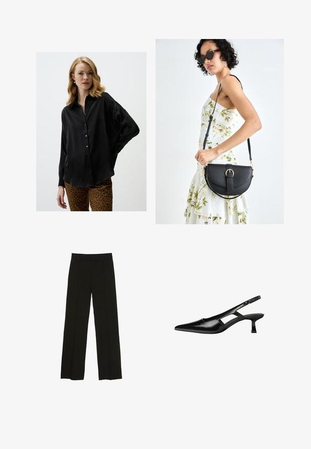 Blusa nera a maniche lunghe in tessuto satinato con apertura frontale a bottoni e vestibilità rilassata. Abbinata a pantaloni con stampa animale.; Pantaloni neri a gamba larga realizzati in un tessuto morbido, con una vita aderente e sottili pieghe frontali per un tocco di consistenza.; Tacchi slingback in pelle verniciata nera con punta affusolata, design con tagli laterali e tacco quadrato piccolo. Texture liscia con dettagli minimi.; Borsa a tracolla nera in pelle con una forma curva, manico rimovibile e accessori dorati. La borsa presenta una patta con un dettaglio a fibbia.