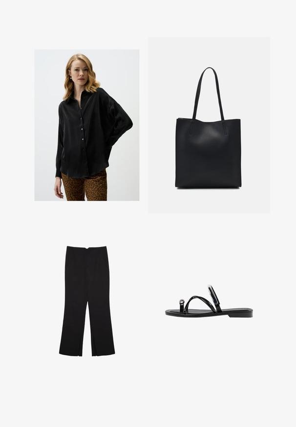 Czarna bluzka z długim rękawem, wykonana z jedwabistego materiału, z guzikiem z przodu i luźnym krojem. Połączona z spodniami w zwierzęcy wzór.; Czarne spodnie o prostym kroju, z przednimi kieszeniami i bocznymi rozcięciami na dole. Wykonane z miękkiego, gładkiego materiału. Odpowiednie na różne okazje.; Czarne płaskie sandały o błyszczącym wykończeniu, z trzema cienkimi paskami i okrąłym detalem metalowym na palcach. Smukły design z minimalnym obcasem.; Czarna skórzana torba tote o gładkiej fakturze, prostokątnym kształcie i dwóch długich uchwytach. Brak widocznych elementów metalowych i ozdób.