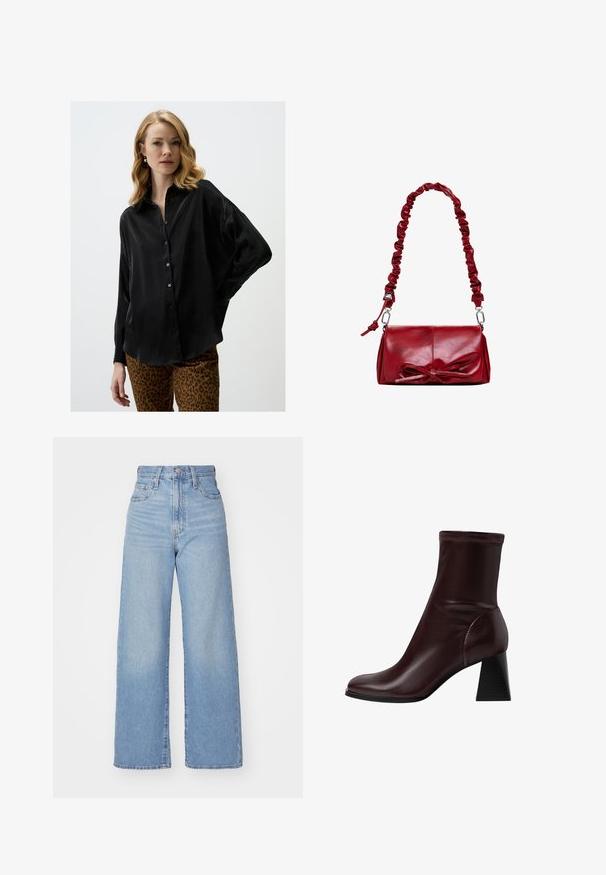 Zwarte blouse met lange mouwen van een zijdezachte stof, met een knoopsluiting aan de voorkant en een ontspannen pasvorm. Gecombineerd met een broek met dierenprint.; Lichtblauwe high-waist wijde jeans met een knoop- en ritssluiting aan de voorkant, voor- en achterzakken, op een witte achtergrond.; Stradivarius BLOCK - Korte laarzen - dark red; Rode leren handtas met een gathered hengsel en een decoratieve strik aan de voorkant. Gladde textuur, rechthoekige vorm, zilveren hardware accenten.; Gouden metalen oorbellen met een gebogen, halve maan vorm en een rechthoekige vorm, beide met een gladde, gepolijste afwerking.