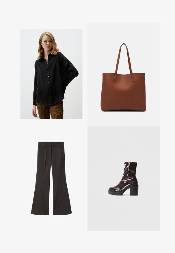 Schwarze, langärmelige Bluse aus seidigem Stoff mit Knopfleiste und lässiger Passform. Kombiniert mit Tierdruck-Hosen.; Schwarze, weit geschnittene Hosen mit hoher Taille; verfügt über zwei Fronttaschen und eine glatte Stoffoberfläche. Geeignet für verschiedene Anlässe.; Glatte bordeauxrote Ankle Boots mit einem klobigen schwarzen Absatz, die eine glatte Oberfläche und ein einfaches Design aufweisen. Keine sichtbaren Verschlüsse oder Muster.; Braune Leder-Tote mit glatter Textur, offenem Oberteil und zwei Schulterriemen. Verfügt über minimale Nähte und keine sichtbaren Beschläge.