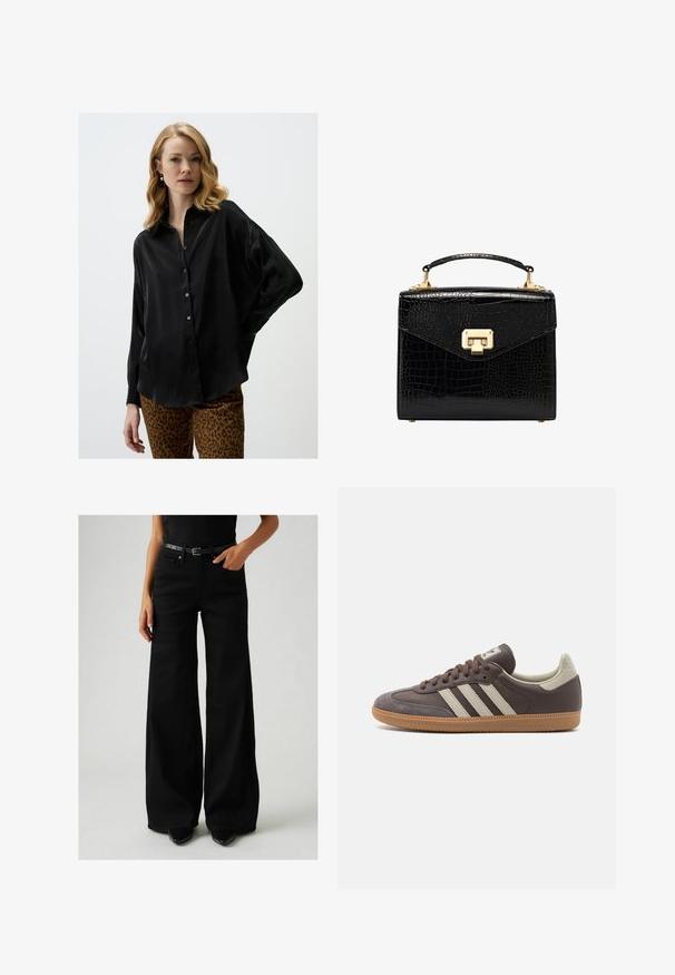 Blusa nera a maniche lunghe in tessuto satinato con apertura frontale a bottoni e vestibilità rilassata. Abbinata a pantaloni con stampa animale.; Jeans neri a gamba larga con vita alta, realizzati in denim. Presentano una cintura nera con fibbia regolabile e tasche laterali. Cuciture dettagliate visibili.; Sneaker in pelle marrone con tre strisce chiare, suola in gomma, punta arrotondata e dettagli in suede texture sul tallone e sulla punta.; Borsa nera in pelle faux-coccodrillo con design strutturato, hardware dorato, manico superiore e chiusura a patta magnetica.