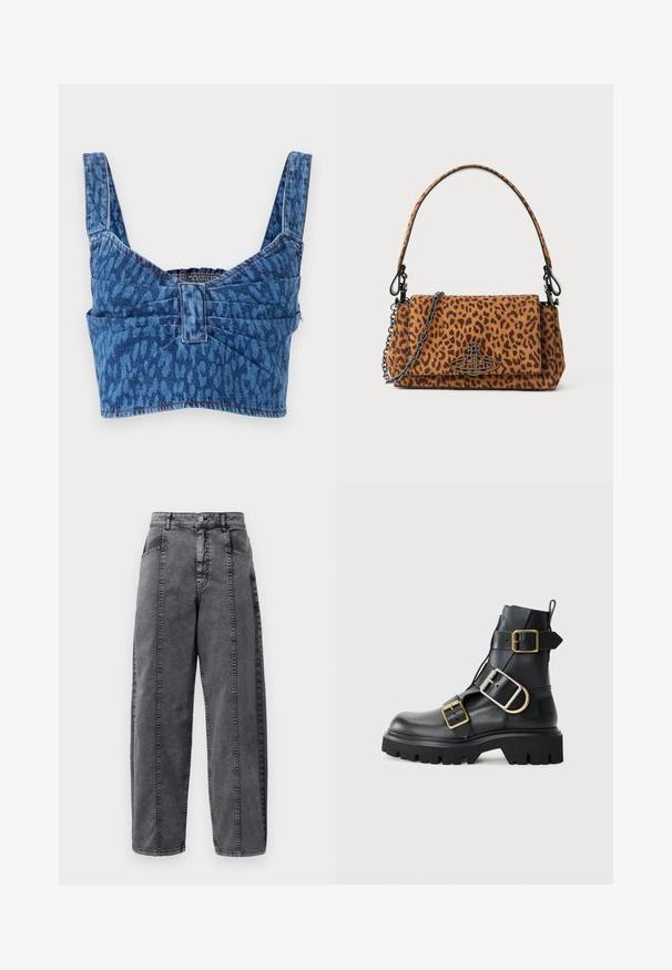 Džinsu krīto tops ar platām siksnām, ar zilu dzīvnieku rakstu, savilkta aizmugure un atklātas šuves gar malām.; Augstas vidukļa pelēki mazgāti denimi ar priekšējām un sānu kabatām, pogu aizdari un redzamām vertikālajām šuvju detaļām.; Melna ādas potīšu zābaku ar masīvu zoli, kuram ir vairāki siksniņas un zelta aksesuāri. Gluda tekstūra, izturīgs dizains.; Leoparda raksta roka somiņa, izgatavota no zamšādas, ar īsu rokturi, ķēdes siksnu un melnu metāla aizdari. Taisnstūra forma ar pārklājuma aizdari.