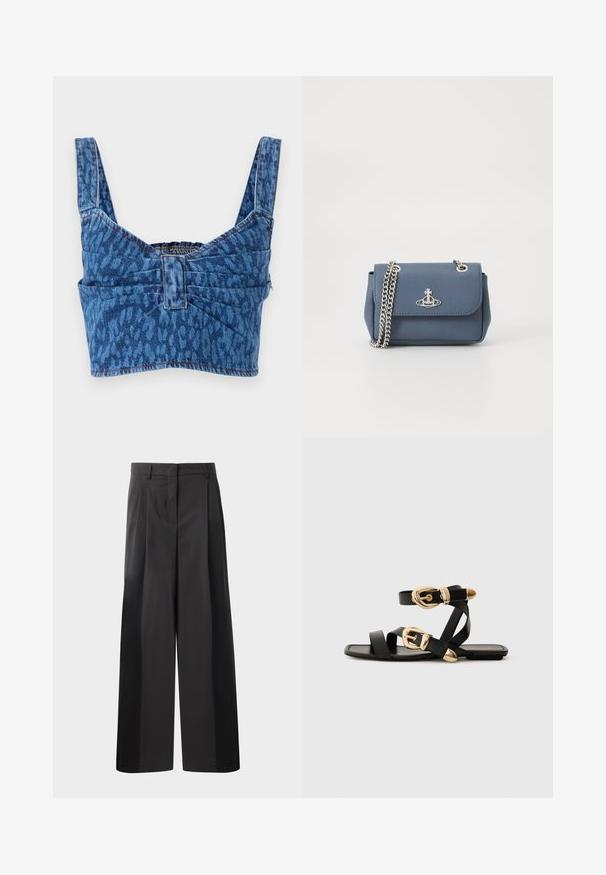 Denimcroppad topp med breda axelremmar, med ett blått djurmönster, cinchad bak och exponerad söm längs kanterna.; Svarta byxor med vida ben och hög midja, med framveck, en slät textur och en skräddarsydd finish. Designade för en avslappnad passform.; Svarta lädersandaler med guldspännen, med flera remmar och platt såldesign för öppna tår.; Blå texturerad fusk läderhandväska med en silverkedjeslits och en logotypaccent på framsidan. Spänne med lockdesign.