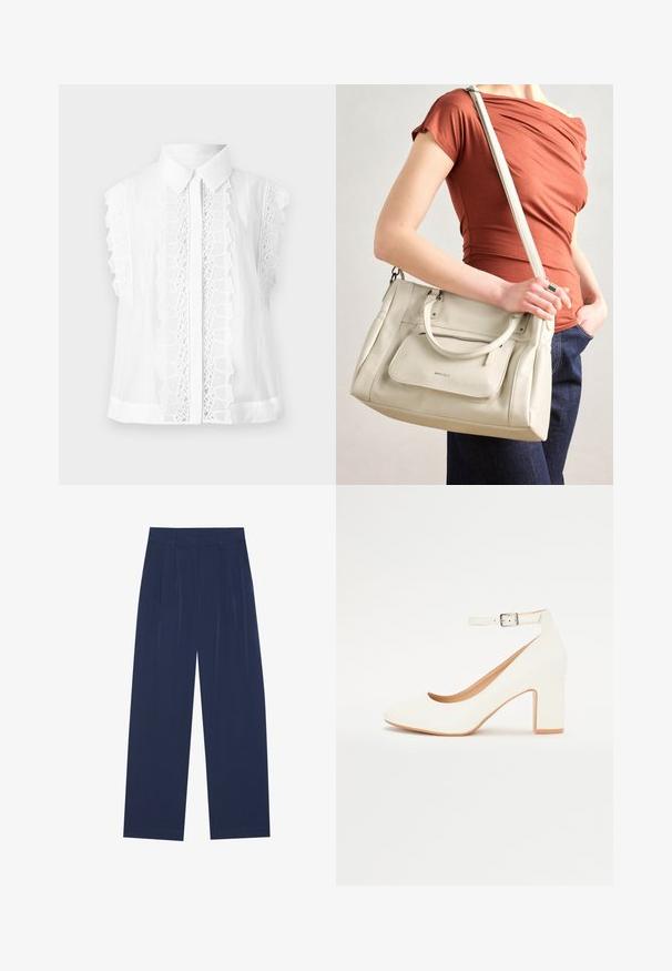 Valkoinen lyhythihainen paita, jossa on kaulus, hienostuneella pitsireunalla edessä, hienovaraisella tekstuurilla ja rentolla istuvuudella.; Navy siniset leveälahkeiset housut, joissa on pehmeä kangas, etuvaljaat, sileä pinta ja suora malli ilman näkyviä taskuja.; Valkoiset korkokengät, joissa on terävä kärki, paksu korko ja nilkkastrappi. Sileä viimeistely hienovaraisella kiillolla ja beige sisus.; Valkoinen nahkainen käsilaukku, jossa on kaksinkertaiset kahvat ja irrotettava hihna. Edessä on vetoketjullinen tasku ja pinta on sileä. Laukkua kantaa henkilö kyynärvarressaan.
