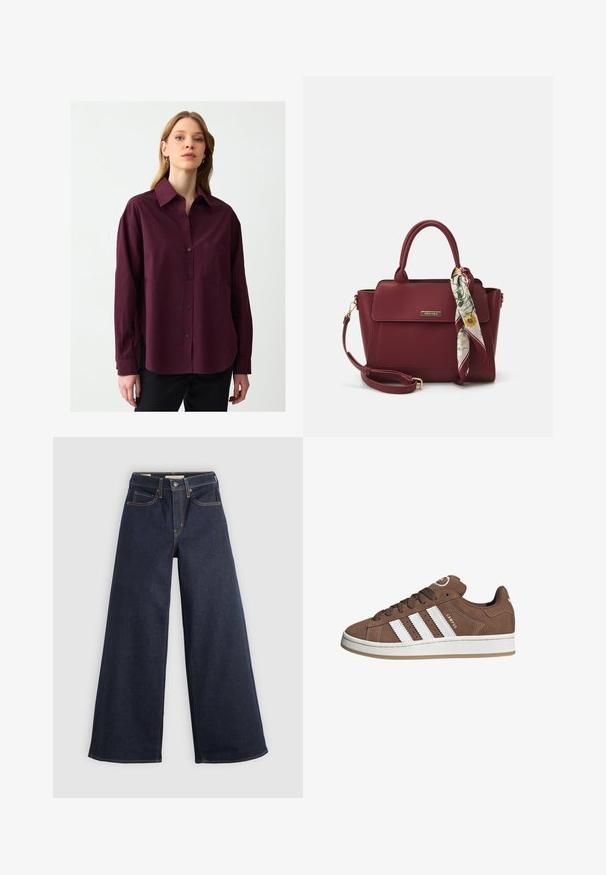 Burgundowa koszula z guzikami z miękkiego materiału z kołnierzem, długimi rękawami i kieszenią na klatce piersiowej. Posiada boczne rozcięcia i subtelną teksturę.; Szerokie jeansy z denimu w ciemnoniebieskim kolorze z kontrastowymi przeszyciami. Charakteryzują się tradycyjnym pięciopocketowym fasonem oraz zapięciem na guzik w pasie.; Brązowe zamszowe sneakersy z białymi skórzanymi paskami, gumową podeszwą, zaokrąglonym noskiem i sznurowanym przodem. Posiadają logo na języku i perforowane akcenty.; Burgundowa torebka wykonana z materiału syntetycznego, o strukturalnym designie, z odpinanym paskiem i chustą w kwiatowy wzór związaną na uchwycie.