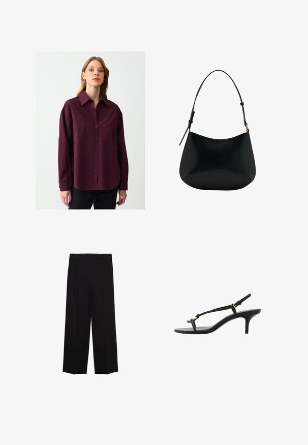 Burgundowa koszula z guzikami z miękkiego materiału z kołnierzem, długimi rękawami i kieszenią na klatce piersiowej. Posiada boczne rozcięcia i subtelną teksturę.; Czarne spodnie o szerokich nogawkach z gładkiego materiału, z plisami z przodu i bocznymi kieszeniami, zaprojektowane w prostym, luźnym kroju.; Czarne skórzane sandały na koturnie z cienkimi paskami, złotą klamrą i minimalistycznym pętelką na palce na białym tle.; Czarna skórzana torba na ramię o gładkiej fakturze, zaokrąglonym kształcie i regulowanym uchwycie. Charakteryzuje się minimalnym przeszyciem i prostym designem.