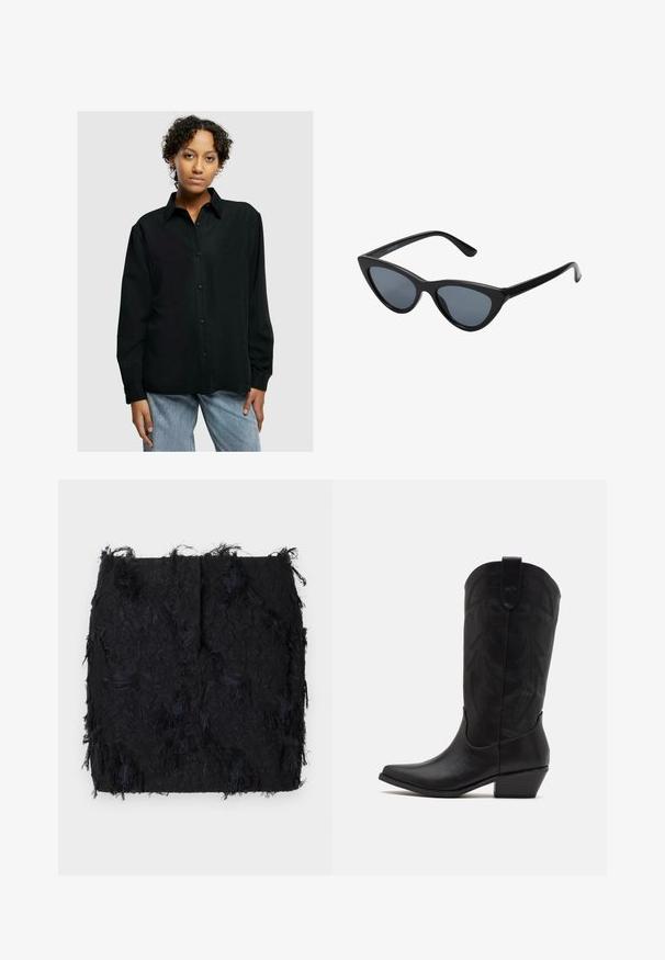 Svart skjorte med krage, lange ermer, to frontlommer og en avslappet passform, kombinert med lyseblå denimjeans.; Svart teksturert skjørt med lagdelt frynse-design og en litt ujevn kant, laget av et lett materiale.; Sorte skinn cowboystøvler med spiss tå, lav stablet hæl og intrikat preget bladmønster på skaftet. Løkke øverst for enkel påkledning.; Sorte cat-eye solbriller med mørk grå linser, glatte plastikkrammer, spisse hjørner og rette stenger. Ingen synlig maskinvare eller detaljer.; Burgunderfarget lærhåndveske med en buet form, gullfarget detaljer på hardware og glidelås lukking. Har en avtagbar skulderrem.