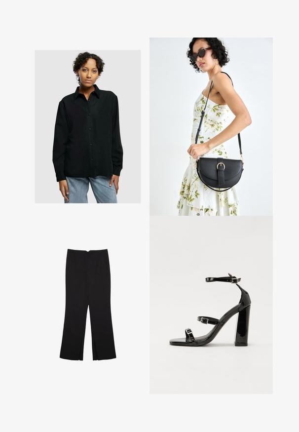 Czarna koszula na guziki z kołnierzykiem, długimi rękawami, dwiema przednimi kieszeniami i luźnym krojem, zestawiona z jasnoniebieskimi dżinsami.; Czarne spodnie o prostym kroju, z przednimi kieszeniami i bocznymi rozcięciami na dole. Wykonane z miękkiego, gładkiego materiału. Odpowiednie na różne okazje.; Czarne lakierowane sandały na obcasie z kwadratowym noskiem, z paskami wokół kostki i srebrnymi klamrami. Posiadają masywny słupek dla stabilności.; Czarna skórzana torebka o zakrzywionym kształcie, z odpinanym paskiem i złotymi akcentami. Torebka posiada klapę z zapięciem w kształcie klamry.