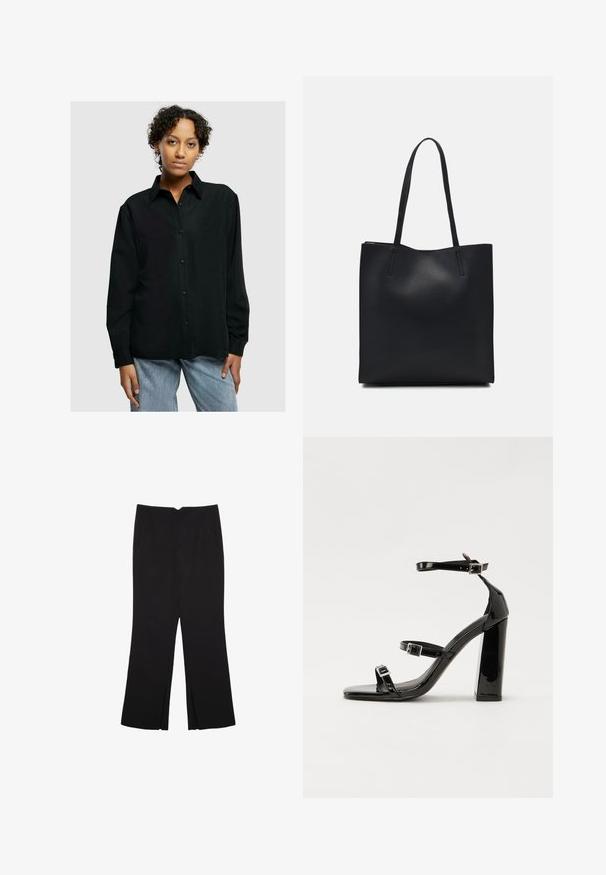 Sort skjorte med knapper og krave, lange ærmer, to frontlommer og en afslappet pasform, parret med lyseblå denim jeans.; Sorte bukser med lige pasform, der har frontlommer og slidser i kanten. Lavet af blødt, glat stof. Velegnet til forskellige anledninger.; Sorte patenterede hælsandaler med firkantet tå, ankelremme og sølvspænder. Har en chunky blokHæl for stabilitet.; Sort læder tote taske med glat tekstur, rektangulær form og to lange hanke. Ingen synlig hardware eller udsmykninger.