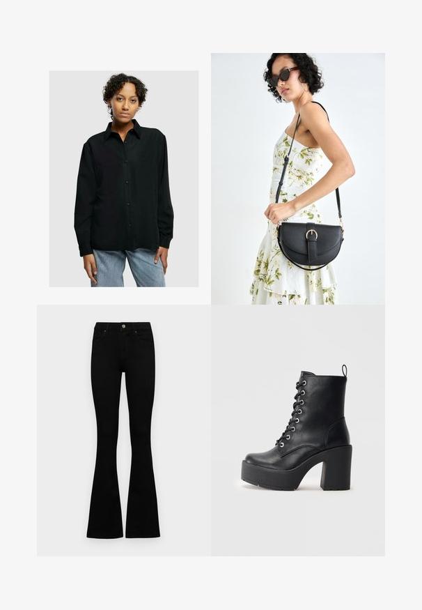 Czarna koszula na guziki z kołnierzykiem, długimi rękawami, dwiema przednimi kieszeniami i luźnym krojem, zestawiona z jasnoniebieskimi dżinsami.; Czarne, wysokie dżinsy z guzikem i zamkiem błyskawicznym, z przednimi kieszeniami i rozszerzanymi nogawkami, leżące płasko na białym tle.; Czarne skórzane botki za kostkę z grubym słupkowym obcasem, sznurowanym przodem i teksturowaną powierzchnią. Posiadają pętelkę z tyłu dla łatwego zakładania.; Czarna skórzana torebka o zakrzywionym kształcie, z odpinanym paskiem i złotymi akcentami. Torebka posiada klapę z zapięciem w kształcie klamry.