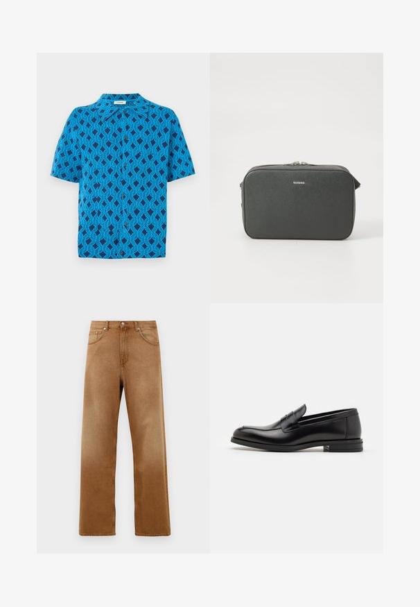 Mėlynos spalvos trumpomis rankovėmis marškiniai su geometriniu pynimo linijų raštu, turintys apykaklę ir priekyje užsegamus mygtukus.; Rudos džinsai plačiais šonais su aukštu liemeniu, kurie turi dvi priekinės kišenes, sagčių užsegimą ir subtilią tekstūrą. Nėra matomų raštų ar akcentų.; Juodos odinės loafers, turinčios lygų paviršių, apvalią noselę ir dekoratyvinę juostą per priekinę dalį. Žemas krentantis kulnas, minimalistinis dizainas.; Juodas tekstūruotas stačiakampis per petį nešiojamas krepšys su sidabrinėmis dvigubomis užtrauktukais ir mažu "Sandro" logotipu, centruotu priekyje.