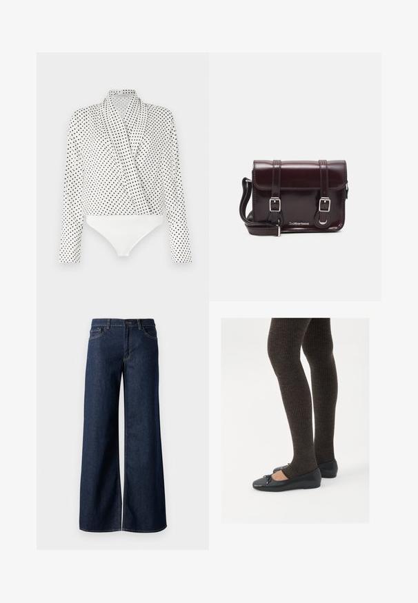 Weißes Blusenshirt mit schwarzen Punkten, langen Ärmeln und einem drapierten Design. Mit einem weißen Bodysuit-Teil. Glatte Stoffstruktur.; Weite Jeans in dunkelblauem Denim. Merkmale sind kontrastierende Nähte, fünf Taschen und ein Knopfverschluss an der Taille. Glatte Textur.; Schwarze flache Schuhe mit einem kleinen Schleifendetail an der Zehe, kombiniert mit dunkelbraunen gerippten Strumpfhosen. Die Schuhe haben eine glatte Textur und ein niedriges Profil.; Burgunderfarbene Patelleder-Crossbody-Tasche mit rechteckiger Form, zwei Riemen, silberfarbener Hardware und einem Klappenverschluss.