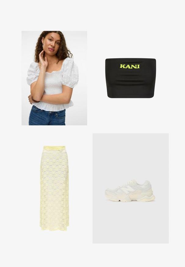 Biała bluzka z bufiastymi rękawami, kwadratowym dekoltem, teksturowanym przodem i falbaną na dole. Połączona z dżinsami z wysokim stanem.; Czarny top bez ramiączek wykonany z elastycznej tkaniny, z dużym neonowo-żółtym logo "KANI" pośrodku. Gładka faktura z minimalną ilością szwów.; Żółta maxi spódnica z koronką o falistym wzorze, z gładkim pasem w talii i miękką, przezroczystą fakturą. Zaprojektowana z myślą o zwiewnej sylwetce.; Lekki sneakers z siateczkową i zamszową cholewką w delikatnych kremowych odcieniach, z masywną podeszwą i trójwymiarowymi akcentami.