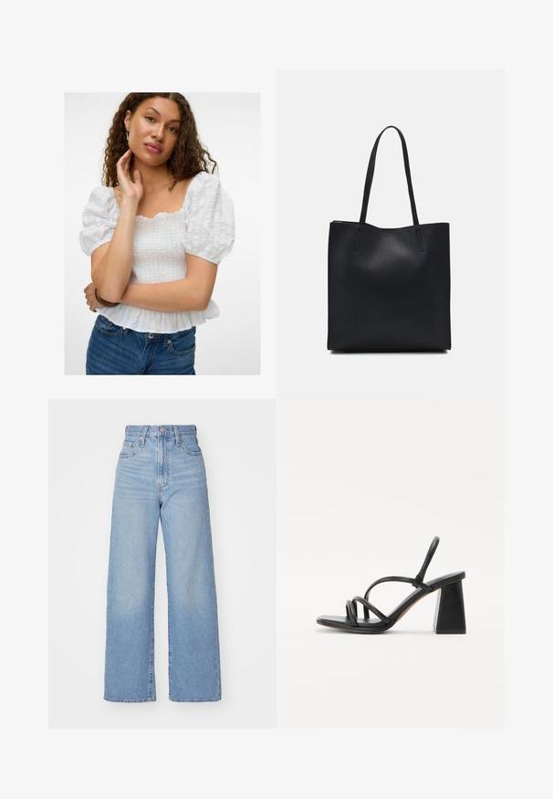 Hvid bluse med pufærmer og firkantet udskæring, tekstureret liv og volang forneden. Parret med højtaljede denim jeans.; Lyseblå højtaljede bukser med bred benåbning, med frontknap og lynlås, samt for- og baglommer, på en hvid baggrund.; Sort hæl sandal med en firkantet, kraftig hæl, der har flere tynde remme over foden og et åbent bagdesign. Glat læder tekstur.; Sort læder tote taske med glat tekstur, rektangulær form og to lange hanke. Ingen synlig hardware eller udsmykninger.