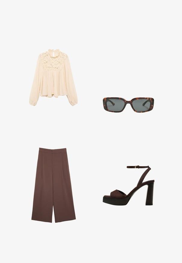 Helle beige Bluse mit langen, gepufften Ärmeln, rüschigem Ausschnitt und Spitzenakzenten an der Brust; weicher, fließender Stoff mit gefaltetem Design.; Braune Weite-Leg-Hosen mit einer glatten Textur, hoher Taille und Vorderfalten. Der Stoff ist leicht und fällt locker.; Braune Wildleder-Pumps mit offenem Zeh, verstellbarem Knöchelriemen und gestreiftem Plateausohlen.; Sonnenbrille im Schildpatt-Design mit rechteckigen Gläsern, dicken Rahmen und dunkelgetönten Gläsern. Glatte Textur und minimalistisches Design.