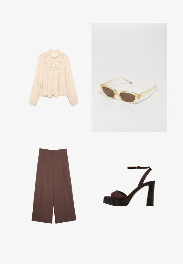 Light beige blouse with long puffed sleeves, ruffled neckline, and lace detailing at the chest; soft, flowing fabric with pleated design.; Brown wide-leg trousers with a smooth texture, featuring a high waist and front pleats. The fabric is lightweight and flows loosely.; Brown suede high-heeled sandal with an open toe, adjustable ankle strap, and a striped platform sole.; Transparent yellow sunglasses with brown lenses, featuring patterned temples and a sleek, angular frame design.