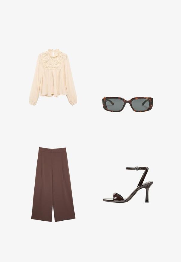 Blusa beige chiaro con maniche lunghe a sbuffo, scollatura a volant e dettagli in pizzo sul petto; tessuto morbido e leggero con design plissettato.; Pantaloni ampi marroni con una texture liscia, caratterizzati da una vita alta e pieghe frontali. Il tessuto è leggero e scorre liberamente.; Sandalini con tacco alto in pelle verniciata marrone, con cinturino alla caviglia, punta aperta e un design elegante e minimalista. Presentano un tacco quadrato.; Occhiali da sole tartaruga con lenti rettangolari, montatura spessa e lenti scure. Texture liscia e design minimalista.
