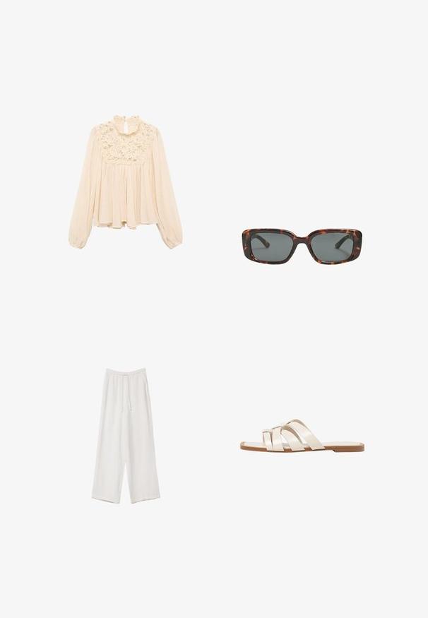 Ljust beige blus med långa puffärmar, volangkrage och spetsdetaljer vid bröstet; mjukt, flödande tyg med veckad design.; Vita vida byxor i vid passform gjorda av ett lättviktsmaterial. Har en elastisk midja med dragsko och sidofickor. Slät textur.; Platta sandaler med en brun gummisula, designade med tre överlappande vita läderspännen och en liten rosett i mitten.; Sköldpaddsmönstrade solglasögon med rektangulära linser, tjocka bågar och mörkt tonade linser. Slät yta och minimalistisk design.
