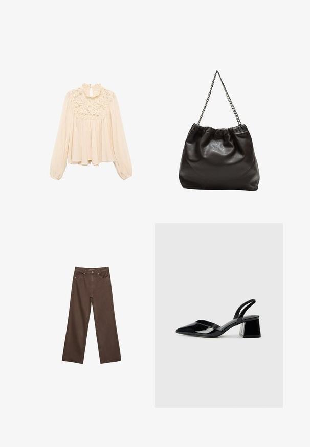 Jasno-beżowa bluzka z długimi, bufiastymi rękawami, falbaną przy dekolcie oraz koronkowymi detalami na piersi; miękki, zwiewny materiał z plisowanym wzorem.; Szerokie brązowe dżinsy wykonane z denimu, z wysokim stanem, przednimi kieszeniami i klasycznym zapięciem na guzik. Gładka faktura z subtelnym przeszyciem.; Czarne lakierowane półbuty na obcasie z wydłużonym noskiem i geometrycznym słupkiem. Charakteryzują się eleganckim, minimalistycznym designem oraz gładką fakturą.; Brązowa skórzana torba z marszczonym szczytem i łańcuszkowym paskiem. Gładka tekstura z błyszczącym wykończeniem i subtelnymi detalami szwów po bokach.