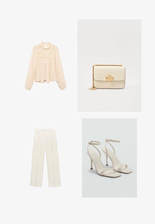 Helle beige Bluse mit langen, gepufften Ärmeln, rüschigem Ausschnitt und Spitzenakzenten an der Brust; weicher, fließender Stoff mit gefaltetem Design.; Weit geschnittene Hosen in einem hellen cremefarbenen Farbton. Hergestellt aus einem glatten Stoff mit Falten an der Vorderseite und seitlichen Taschen.; Beige High-Heelsandalen mit quadratischer Zehenpartie und dünnen Knöchelriemen. Glattes Material mit minimalistischem Design und einem schmalen Absatz.; Cremfarbene Leder-Umhängetasche mit einem goldenen Kettenriemen, ausgestattet mit einem goldenen Logo-Detail auf der Vorderseite und klaren, eleganten Linien.
