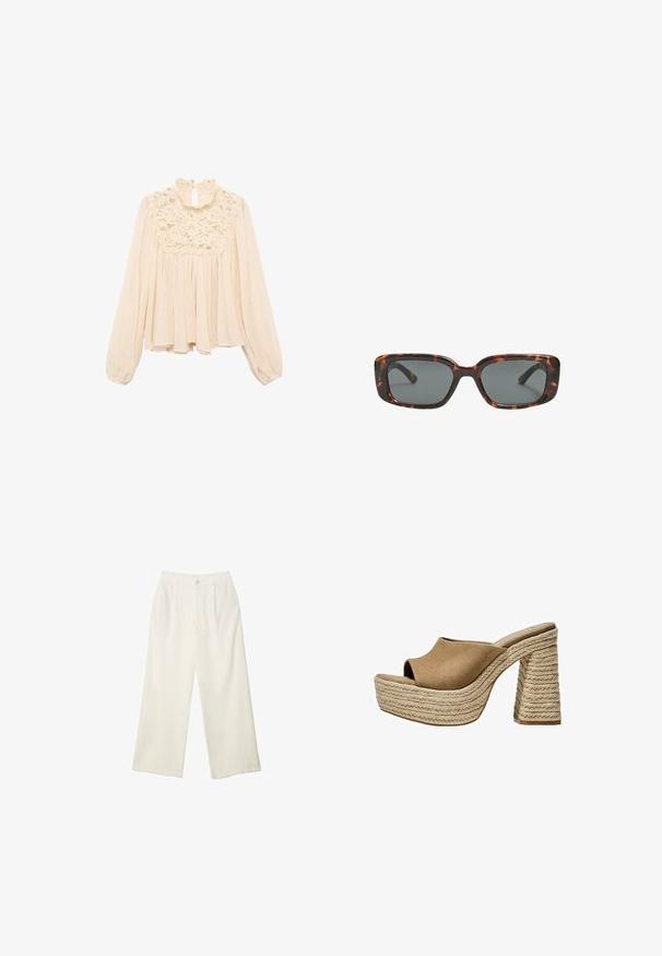 Light beige blouse with long puffed sleeves, ruffled neckline, and lace detailing at the chest; soft, flowing fabric with pleated design.; Wide-leg trousers in cream fabric with a smooth texture, featuring a single front button, subtle pleats, and a high waist design.; Brown suede platform mules with an open toe, featuring a chunky braided jute heel and a smooth, rounded upper design.; Tortoiseshell sunglasses with rectangular lenses, thick frames, and dark tinted lenses. Smooth texture and minimalistic design.