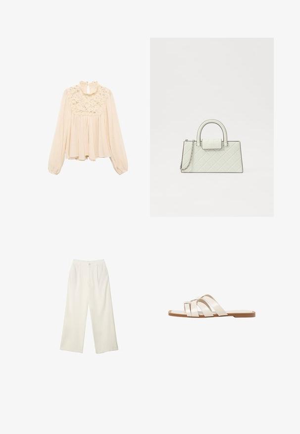 Blouse beige clair avec de longues manches bouffantes, un col volanté et des détails en dentelle au niveau de la poitrine ; tissu doux et fluide avec un design plissé.; Pantalons à jambes larges en tissu crème avec une texture lisse, dotés d'un seul bouton à l'avant, de plis subtils et d'un design taille haute.; Sandales plates avec une semelle en caoutchouc beige, conçues avec trois brides en cuir blanc se chevauchant et un petit nœud au centre.; Sac à main blanc matelassé avec un design structuré, une poignée supérieure, une bandoulière en chaîne amovible et un logo en relief sur le fermoir.