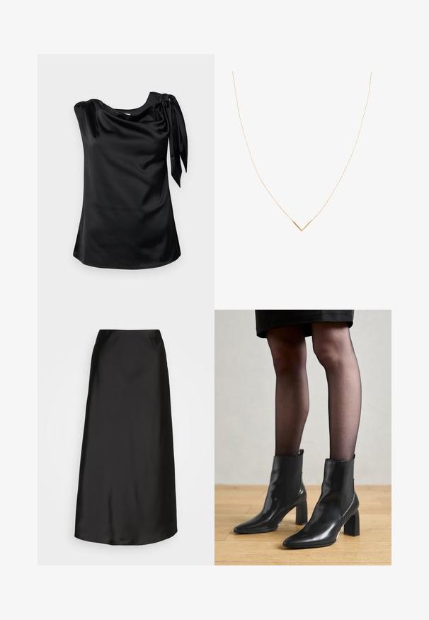 Modström KATJAMD TOP - Blúz - black; Fekete selyem midi szoknya sima textúrával, A-vonallal és finom fényességgel. Elegáns, egyszerű kialakítással rendelkezik, díszítések nélkül.; Fekete bőr bokacsizma, hegyes orral, vastag négyzetes sarkal és letisztult dizájnnal. Az egyszerű felvételt segítő elasztikus oldalsó panelek jellemzik.; Arany színű nyaklánc vékony lánccal és V alakú medállal. Letisztult dizájn sima, fényes felülettel és minimális részletezéssel.
