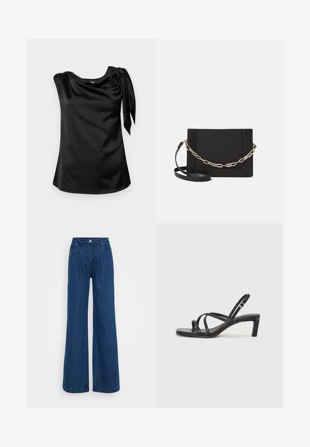Modström KATJAMD TOP - Blúzka - black; Široké modré denimové džínsy s vysokým pásom, predným zapínaním na gombík a zips a prednými a zadnými vreckami na jednofarebnom pozadí.; Čierne sandále na vysokom podpätku so štvorcovou špičkou a nízkym blokovým podpätkom. Obsahujú viacero tenkých popruhov a nastaviteľný členkový popruh. Vyrobené z hladkej kože.; Čierna kožená crossbody taška s hladkou textúrou, obdĺžnikovým tvarom a kovovým reťazovým detailom na prednej strane. Súčasťou je nastaviteľný popruh.